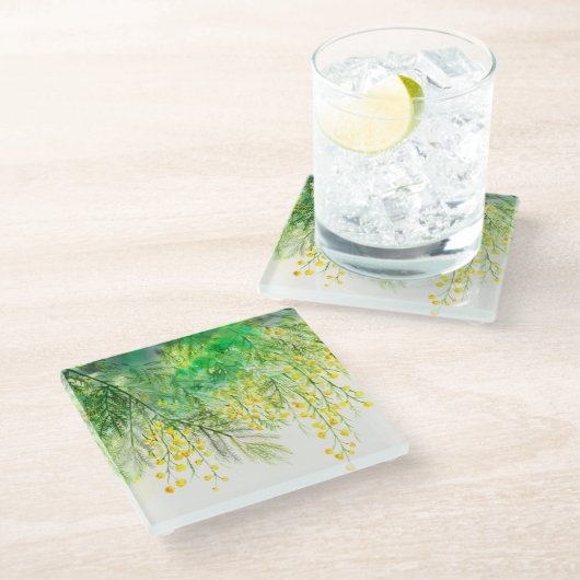 Dessous-de-verre En Verre Peinture à l'aquarelle jaune brillant Mimosa (Incliné)