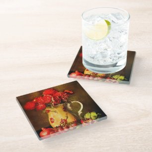 Dessous-de-verre En Verre Peinture à l'huile de fleurs rouges et de fruits f