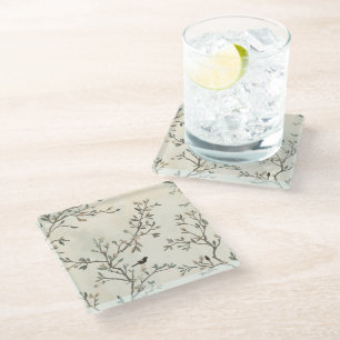 Dessous-de-verre En Verre Peinture aquarelle beige de branche d'oiseau natur