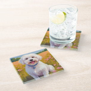 Dessous-de-verre En Verre Peinture de champ de fleurs de chien maltais