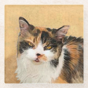 Dessous-de-verre En Verre Peinture de chat Calico - Cute Original Cat Art