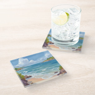 Dessous-de-verre En Verre Peinture de la baie de l'océan de la plage de Cap
