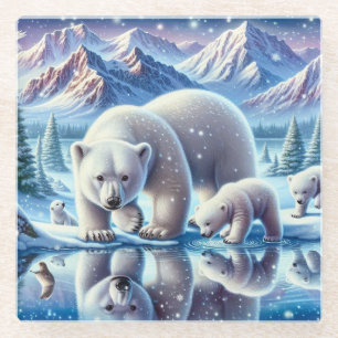 Dessous-de-verre En Verre Peinture de scène enneigée de famille d'ours polai