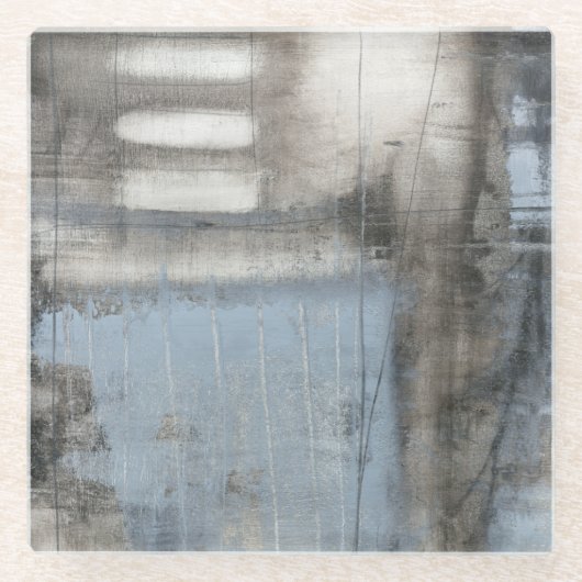 Dessous-de-verre En Verre Peinture grise et bleue abstraite (Devant)