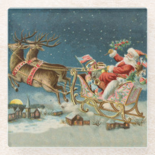 Dessous-de-verre En Verre Père Noël Antique Sleigh Reindeer