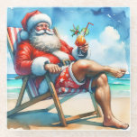 Dessous-de-verre En Verre Père Noël et Bloody Marry Funny Snowbirds Noël<br><div class="desc">Drôle dessous de verre de Noël. Une illustration d'aquarelle de Père Noël assis sur la plage buvant un Bloody Mary.</div>
