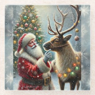 Dessous-de-verre En Verre Père Noël Et Reindeer, Forêt Neige, Arbre De Noël 