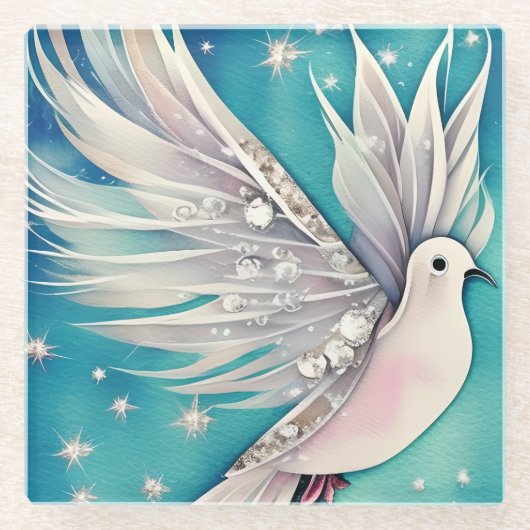 Dessous-de-verre En Verre Petite colombe blanche aux ailes éthérées (Devant)