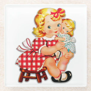 Dessous-de-verre En Verre Petite fille rétro vintage poupée enfant