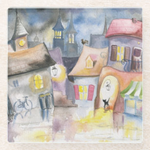 Dessous-de-verre En Verre Petite ville la nuit