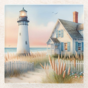 Dessous-de-verre En Verre Phare et cottage au bord de la mer, scène aquarell