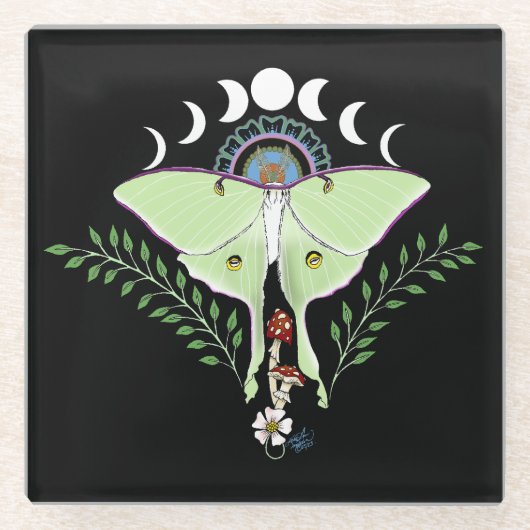 Dessous-de-verre En Verre Phases Luna Moth Moon Noir (Devant)