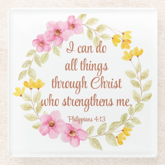 Dessous-de-verre En Verre Philippiens 4:13 Écriture florale rose et jaune (Devant)