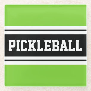 Dessous-de-verre En Verre PICKLEBALL Bright Lime Black White Racing Stripes