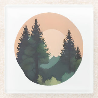 Dessous-de-verre En Verre Pins du coucher de soleil - Paysage de montagne pa