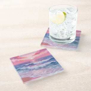 Dessous-de-verre En Verre Plage Rose Rivage Océan Peint