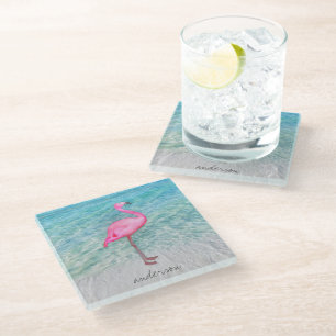 Dessous-de-verre En Verre Plage sablonneuse tropicale de Flamant rose rose
