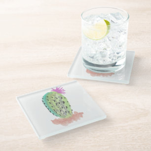 Dessous-de-verre En Verre Plante de cactus peinte à la main aquarelle rose v