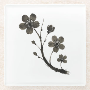 Dessous-de-verre En Verre Plum Blossom Line Art - Design botanique sur
