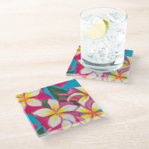 Dessous-de-verre En Verre Plumérias tropicales sur dessous de verre roses