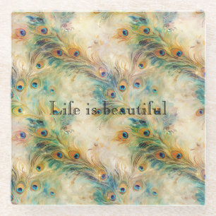 Dessous-de-verre En Verre Plumes Aqua Green Gold Peacock