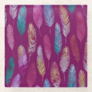 Dessous-de-verre En Verre Plumes colorées : motif arrière - plan violet.