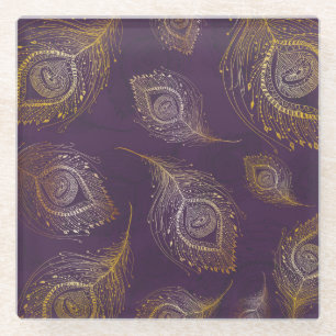 Dessous-de-verre En Verre Plumes de paon or, arrière - plan violet.