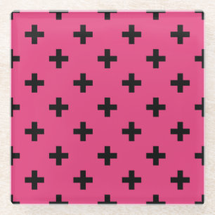 Dessous-de-verre En Verre Polka noire croise sur fuchsia
