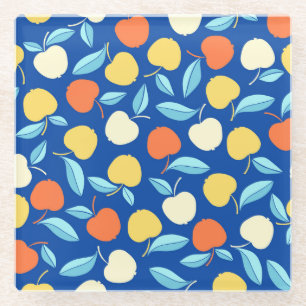 Dessous-de-verre En Verre Pommes feuilles, arrière - plan bleu, motif transp