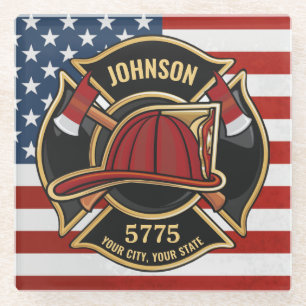 Dessous-de-verre En Verre Pompier Secourt incendie Département USA Drapeau