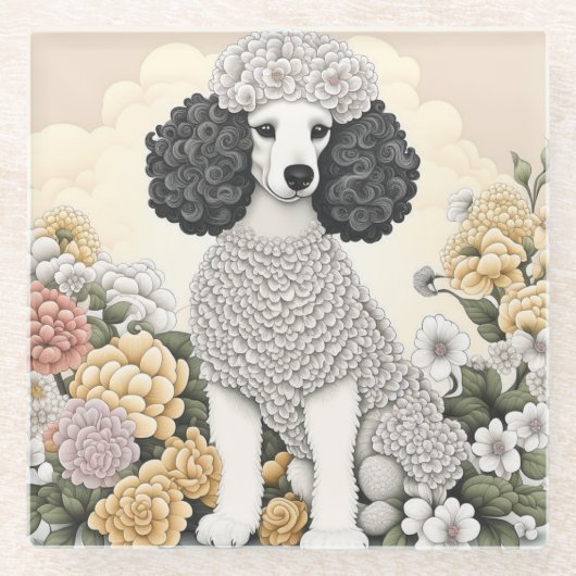 Dessous-de-verre En Verre Poodle en Fleurs Whimsical (Devant)