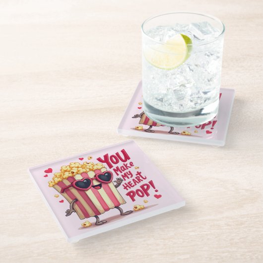 Dessous-de-verre En Verre Popcorn Heart Pop Valentine Design (Incliné)