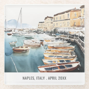 Dessous-de-verre En Verre Port Père Noël Lucia Naples Italie Aquarelle Voyag