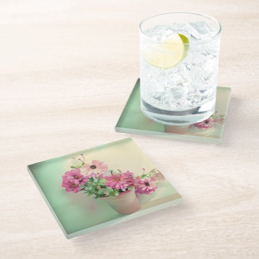 Dessous-de-verre En Verre Pot de fleurs d'aquarelle rose (Incliné)