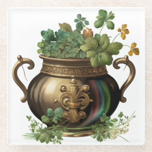 DESSOUS-DE-VERRE EN VERRE POT IRLANDAIS VERT & OR DE SHAMROCKS & VINES