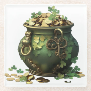 DESSOUS-DE-VERRE EN VERRE POT IRLANDAIS VERT & OR DE SHAMROCKS & VINES
