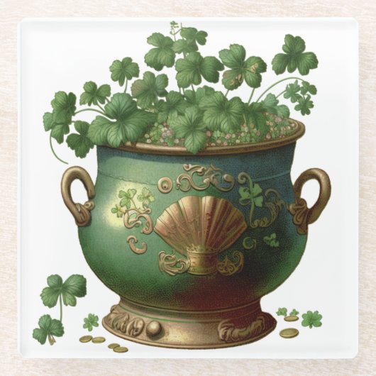 DESSOUS-DE-VERRE EN VERRE POT IRLANDAIS VERT & OR DE SHAMROCKS & VINES (Devant)