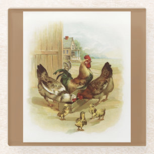 Dessous-de-verre En Verre Poulets de la ferme d'art vintage