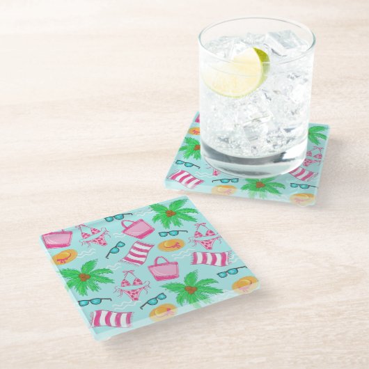 Dessous-de-verre En Verre Préppy Beach Bikini Serviette Palm Tree Serviette (Incliné)
