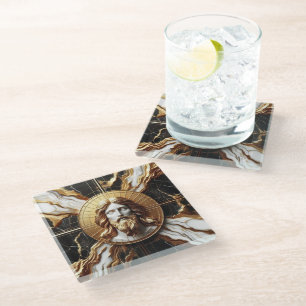 Dessous-de-verre En Verre Présence éthérée Visage de Jésus gravé dans le mar