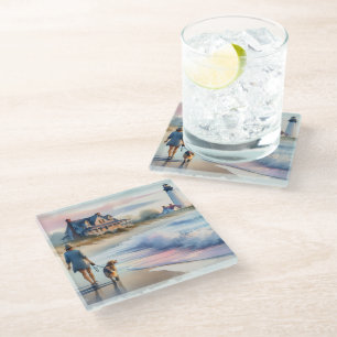 Dessous-de-verre En Verre Promenade côtière jusqu'au phare au coucher du sol