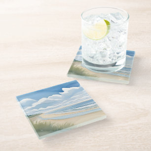 Dessous-de-verre En Verre Promenade du rivage   Aquarelle de l'océan côtier