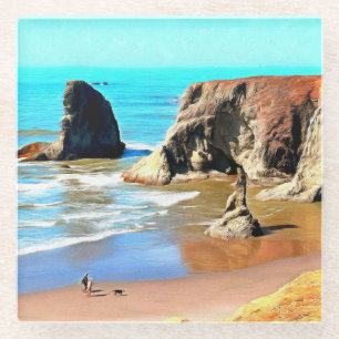 Dessous-de-verre En Verre Promenade sur la plage avec un chien à Face Rock P