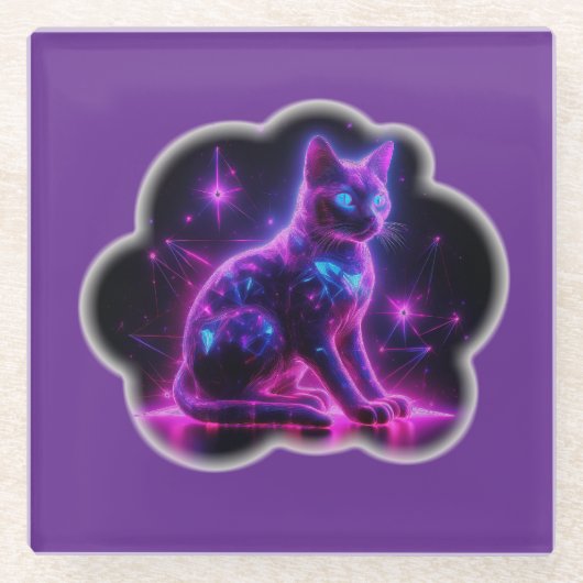 Dessous-de-verre En Verre Purple Neon Siamese Cat With Blue Eyes & Starburst (Devant)