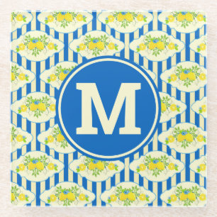 Dessous-de-verre En Verre Rayures bleues et motifs de citrons et de feuilles