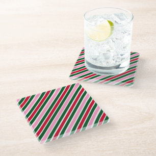 Dessous-de-verre En Verre Rayures de canne à bonbons de Noël rose vert et ro