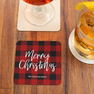Dessous-de-verre En Verre Red Buffalo Plaid & Joyeux Noël  Nom personnel
