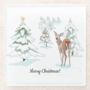 Dessous-de-verre En Verre Red Nose Deer dans les vacances en bois neigeux