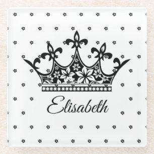 Dessous-de-verre En Verre Reine couronne floral noir blanc belle vintage