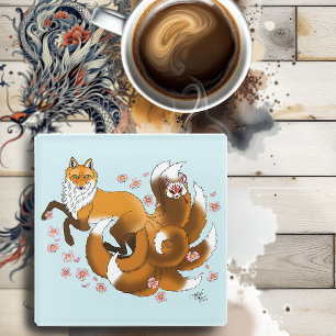 Dessous-de-verre En Verre Renard Kitsune Fantaisiste Fleurs de Cerisier Bleu